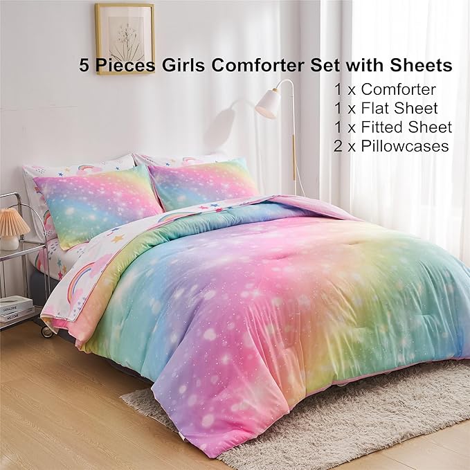 Rainbow Girls Twin Comforter Set with Sheets, 5 Pieces Twin Bed in a Bag with Comforter, Sheets and Pillowcases, Soft Microfiber Pastel Glitter Fun Girls Twin Bedding Set for Kids Teens