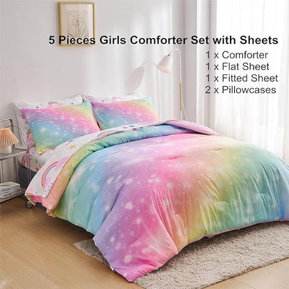 Rainbow Girls Twin Comforter Set with Sheets, 5 Pieces Twin Bed in a Bag with Comforter, Sheets and Pillowcases, Soft Microfiber Pastel Glitter Fun Girls Twin Bedding Set for Kids Teens