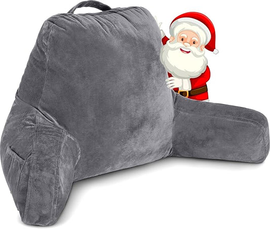 Husband Pillow Dark Grey, Standard+ Original Reading Pillow in Bed Rest Chair, Shredded Memory Foam Large Lounge Cushion Adult Backrest w/Arms, Comfy Back Support for Sit Sitting Up, Removable Cover