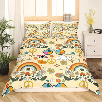 Castle Fairy Retro 70s Hippie Style Comforter Cover,Mushroom Duvet Cover for Girls Teens Decorative Bedroom,Rainbow Floral Stars Moon Polyester Quilt Cover with 2 Pillowcases, Full Size