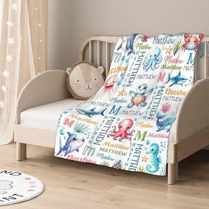 Personalized Custom Baby Blanket with Name - Sea Animals Swaddle Blanket for Toddlers, Infants, Kids, Newborns - Nursery Stroller Crib Decor Throw - Birthday Gift