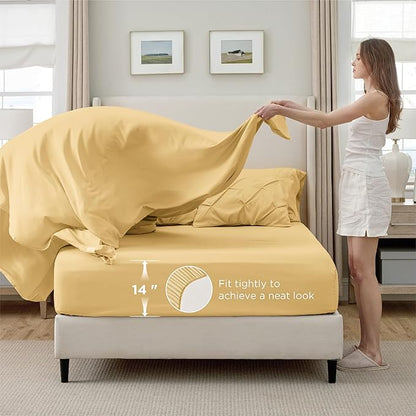 Bedsure California King Comforter Set Yellow - Bed in a Bag Cal King Bedding Set 7 Pieces, GentleSoft™ Pintuck Bed Set Gift for Family, Pinch Pleat Yellow Comforter with Sheets, Pillowcases & Shams