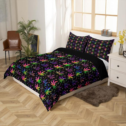 Castle Fairy Shiny Cannabis Leaves Comforter Covet Full Size,Colorful Marijuana Leaves Duvet Cover with 2 Pillowcases,3 Piece,Boho Botanical Rainbow Polyester Bedding Set for Boys Teens Bedroom Decor