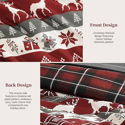 MaiRêve Christmas Full Comforter Sets, Red Reindeer Snowflake Bed Set for Holiday, Reversible Plaid Checkered Comforter Bed in a Bag, Soft Bedding Set 7 Pieces with Sheets, Pillowcases & Shams
