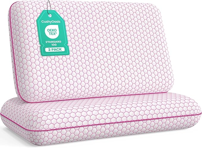 Memory Foam Pillows for Side, Back and Stomach Sleepers, Set of 2, Bed Pillow with Washable Cover and Breathable Mesh, Bed Pillow for Sleeping (Pink，Queen Size)
