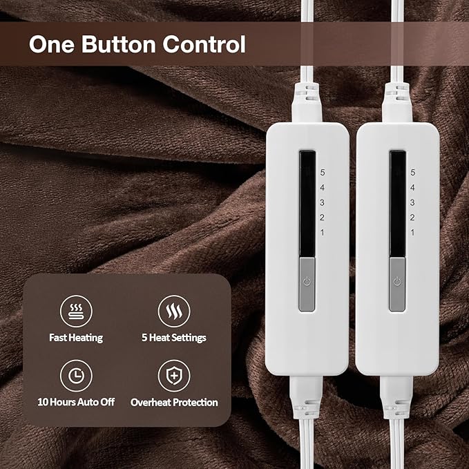 Electric Heated Blanket Queen Size 84"x 90",Dual Control Super Cozy Soft Warm with 5 Heat Levels &10 Hours Auto Off, Home Office Use & Machine Washable, Dark Brown