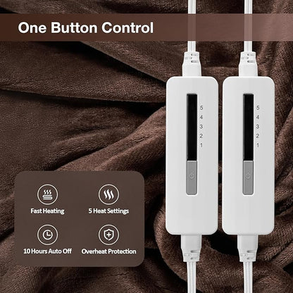 Electric Heated Blanket Queen Size 84"x 90",Dual Control Super Cozy Soft Warm with 5 Heat Levels &10 Hours Auto Off, Home Office Use & Machine Washable, Dark Brown