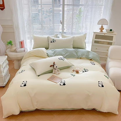 MorroMorn Twin Duvet Cover Cotton, Green 3D Embroidery Twin Bedding Sets, Cute Chenille Embroidered Comforter Covers Summer Blanket Soft for Girls Boys Kids Teen Preppy Dorm (Panda, Twin/Twin XL)