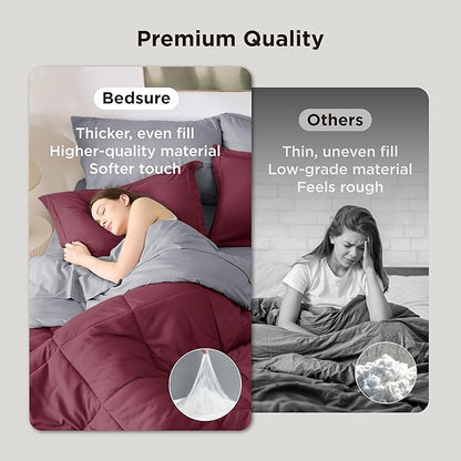 Bedsure King Size Comforter Set - 7 Pieces Reversible Burgundy Bedding, King Size Bed Set for All Seasons, Bed in a Bag with Down Alternative Comforter, Sheets, Pillowcases & Shams