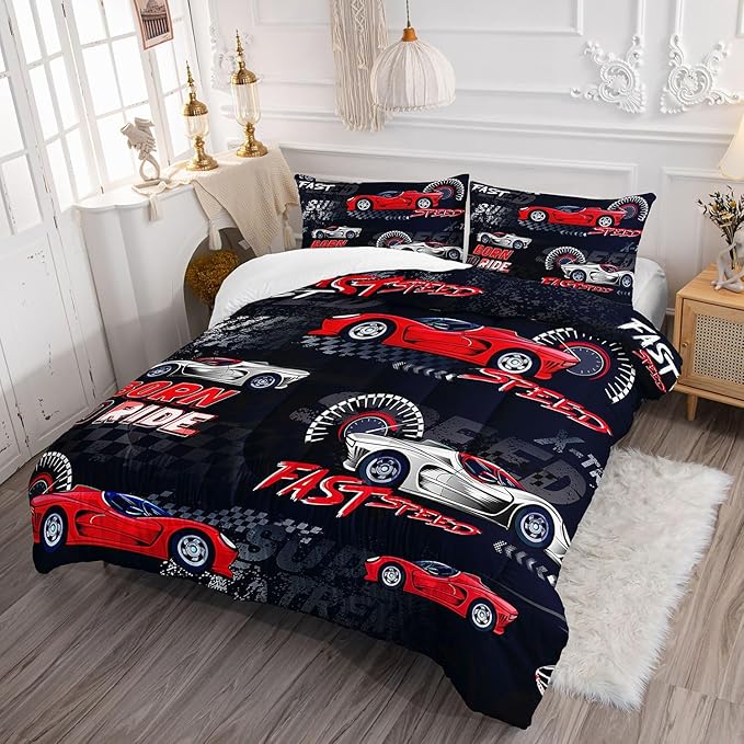 Red Sports Car Comforter Set Cool Sports Printed Bedding Set with 1 Comforter and 2 Pillowcases for Boys and Girls Bedroom All Season(Car-2 Queen)
