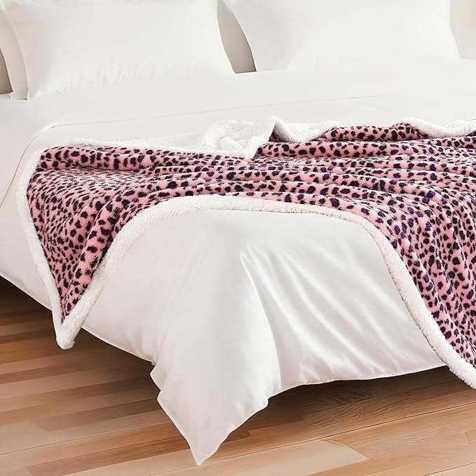 Electric Heated Blanket Throw 50"×60" with 6 Heating Levels &3 Hours Auto Off, Heating Double Sided Plush Sherpa, Fast Heating, Machine Washable Leopard Print Pink & Purple