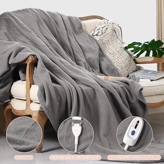 Electric Heated Blanket 84"x90" Queen Size Microplush Cover Blanket, 4 Heat Settings & 10 Hours Auto Off, Cozy & Breathable, Warm All Night, Light Grey