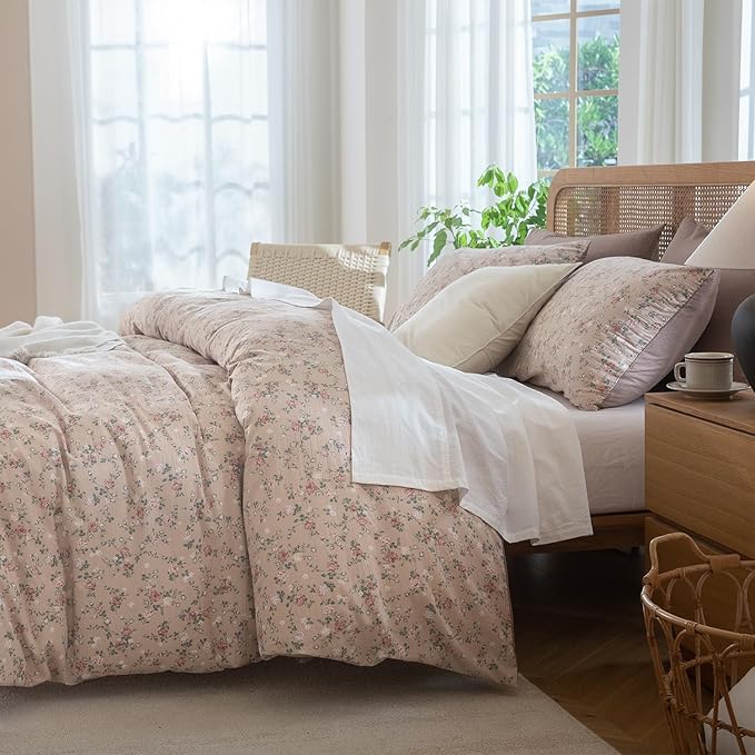 Jane yre King Duvet Cover Floral Soft Brushed Microfiber Crinkle Gauze 3 Pieces Floral Bedding Set Garden Style Vintage Flower King Duvet Cover, with Zipper Closure Luxury Breathable Comfy