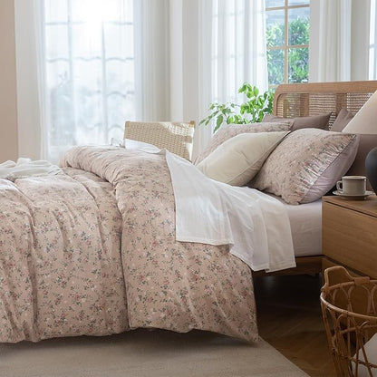 Jane yre King Duvet Cover Floral Soft Brushed Microfiber Crinkle Gauze 3 Pieces Floral Bedding Set Garden Style Vintage Flower King Duvet Cover, with Zipper Closure Luxury Breathable Comfy