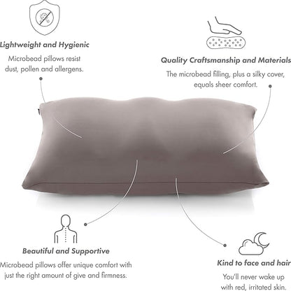 PILLOWY Premium Microbead Bed Pillow, Small Extra Fluffy But Supportive - Ultra Comfortable Sleep with Silk Like Anti Aging Cover 85% Spandex/ 15% Nylon Breathable, Cooling Stone Gray