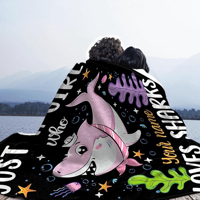 Custom Just A Girl Who Loves Sharks Blankets Gifts for Kids Adult On Bed Sofa,Personalized Premium Flannel Blankets for Birthday Christmas Thanksgiving All Season Use 90''x 120'' -XL