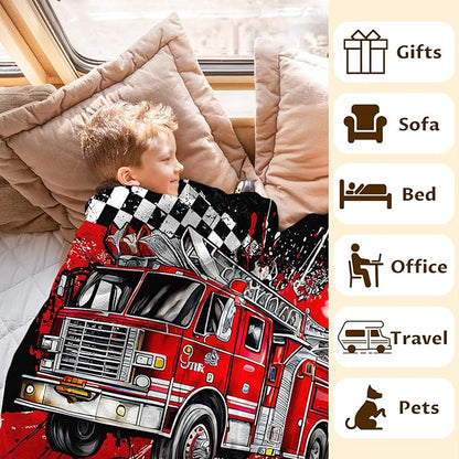 Personalized Blanket for Boys, Fire Truck Throw Blanket Gifts for Kids Boys Age 10-12, 50"x60" Cool Custom Flannel Blankets Gift for Son Cars Lovers Lightweight Throws for Couch Sofa Bed Decor