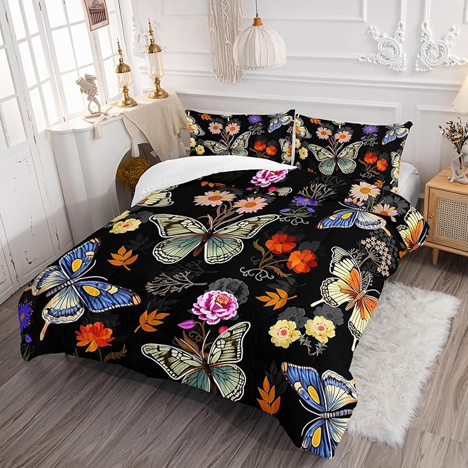 Black Floral Comforter Set Queen Size, Colorful Butterfly and Flowers Bedding Set, Soft Polyester Quilt Set with 2 Pillowcases