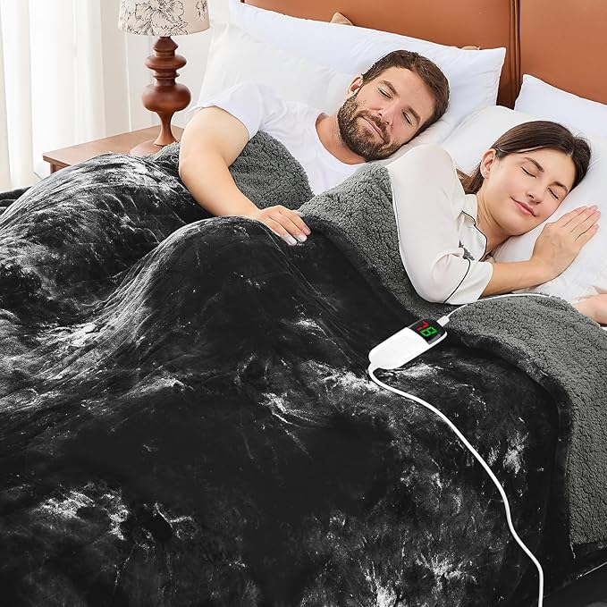 greenoak Heated Electric Blanket Full, Faux Fur Sherpa Heating Blanket for Sofa Bed, Warm Winter Gifts for Women/Men, Heater Lap Blankets 5-Position Timer &10 Heating Levels 72''*84" Black