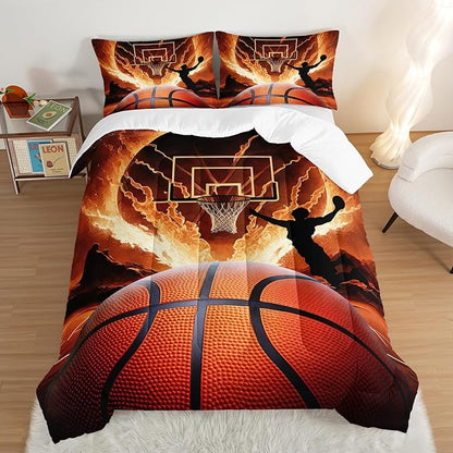 Basketball Bedding Set Twin Size,Slam Dunk Flame Basketball Print Bedding Comforter Set for Boys Girls Bedroom Decor,Sports Themed Sets Comforter with 2 Pillowcases.
