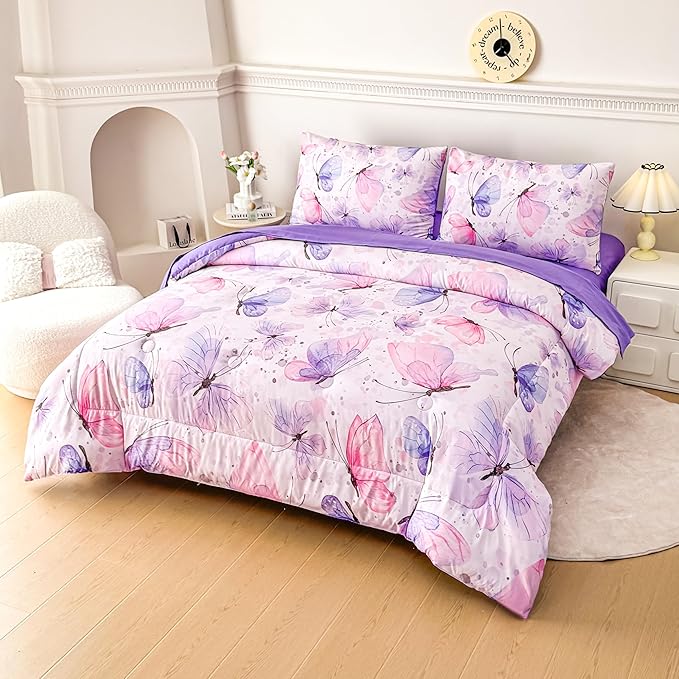 MWMWMW Girls Comforter Set Queen, 5 Piece Bed in a Bag, Pink Purple Butterfly Bedding Set for Kids, Queen Size Bedding Set with 1 Comforter, 1 Flat Sheet, 1 Fitted Sheet & 2 Pillowcases