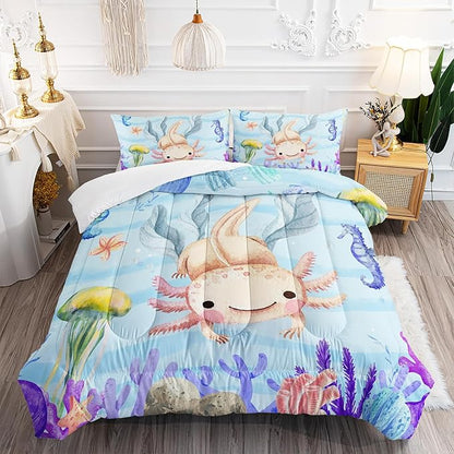 Kawaii Axolotl Ocean Comforter 3Pcs Twin Salamander Hippocampus Marine Animal Jellyfish Fish Bedding Set for Kid Boy Girl Teen Adult Coral Starfish Bed Decor with 1 Comforter and 2 Pillowcases