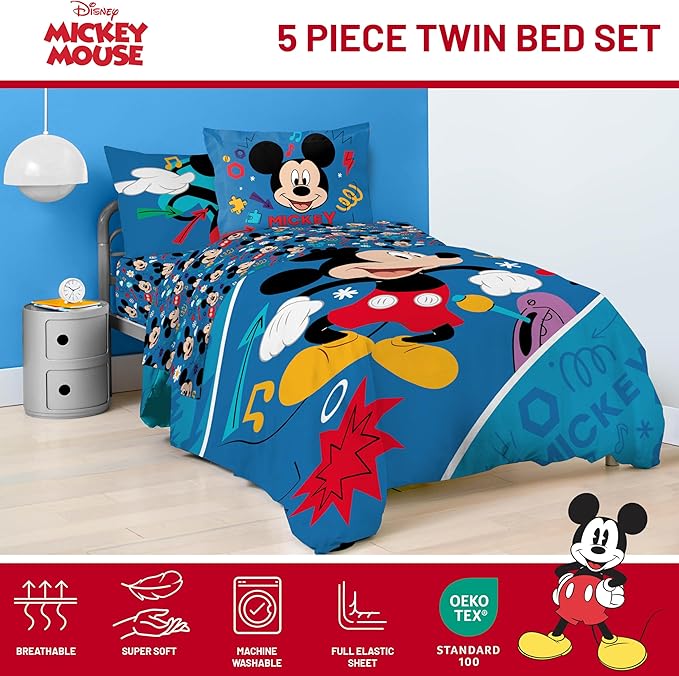 Jay Franco Kids Comforter Set Includes Sheets and Pillow Covers - Soft and Cozy Bed Set for Stylish Room Decor, Blue - Mickey Mouse, 5 Piece Twin Bedding