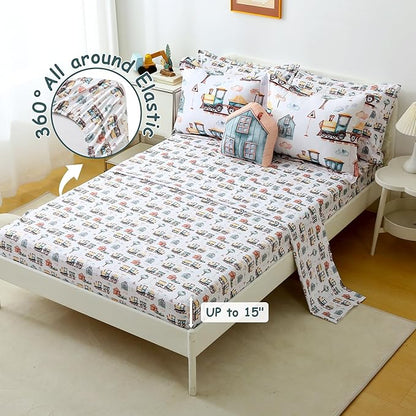 Mooreeke Kids Full Comforter Sets for Boys 8 Pieces Train Bedding Set for Teens Microfiber Country Train Town Kids Bed in A Bag with Comforter, Sheet Set, Shams and Decorative Toy Pillow All Season