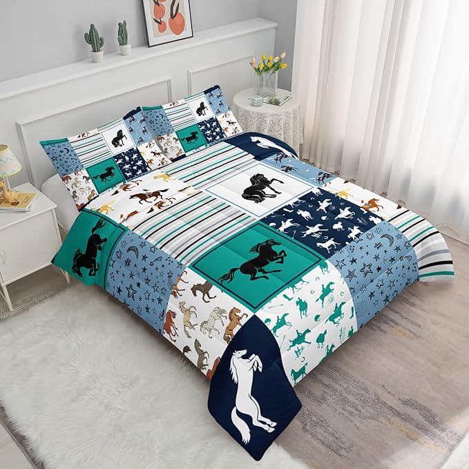 Kids Comforter Set Horses Printed Pattern Bedding Set with 1 Comforter and 2 Pillowcases for Girls Boys Bedroom All Season(Horses Twin)