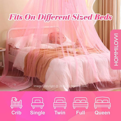 Pink Bed Canopy for Girls with Stars Lights, Princess Canopy Bed Curtains for Twin, Full, Queen Size Bed Hanging Canopy for Girls Room Decor, Kids Sheer Canopy Curtain