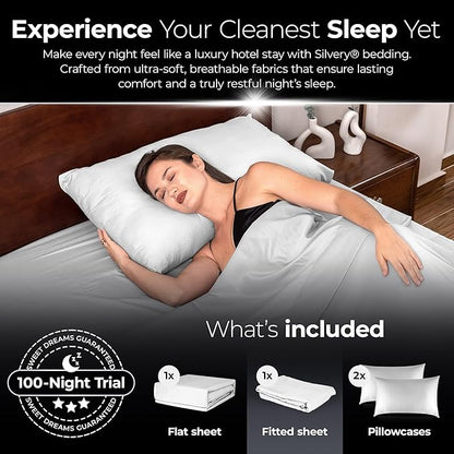 Silvery Silver Infused Bed Sheets Set - Ultra-Soft Temperature-Regulating Fabric with Self-Cleaning Technology™ That Stays Fresh 3X Longer for Hygienic Sleep (White, King)
