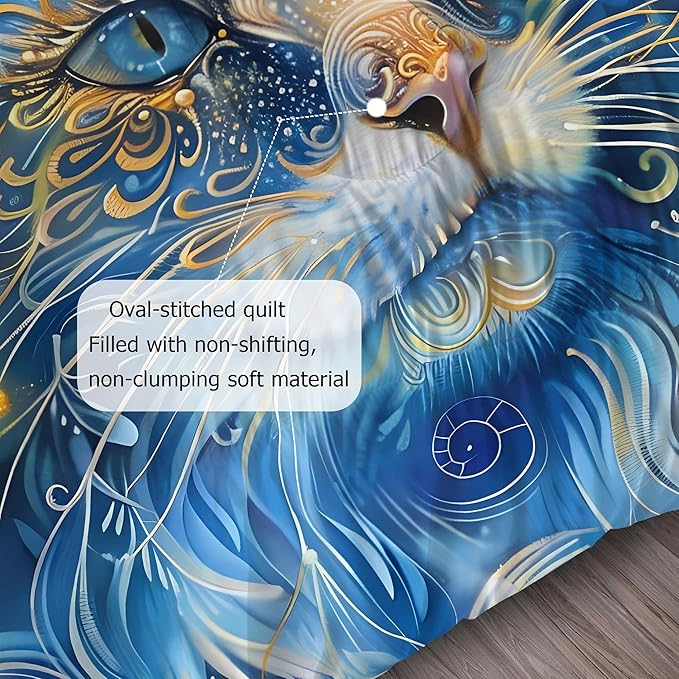 Cat Comforter Set King: Blue Cat Print Bedding Sets Mystic Ethnic Kitten Quilts for Women Men Adults Mandala Boho Exotic Feline Bed Set 1 Comforter & 2 Pillowcases