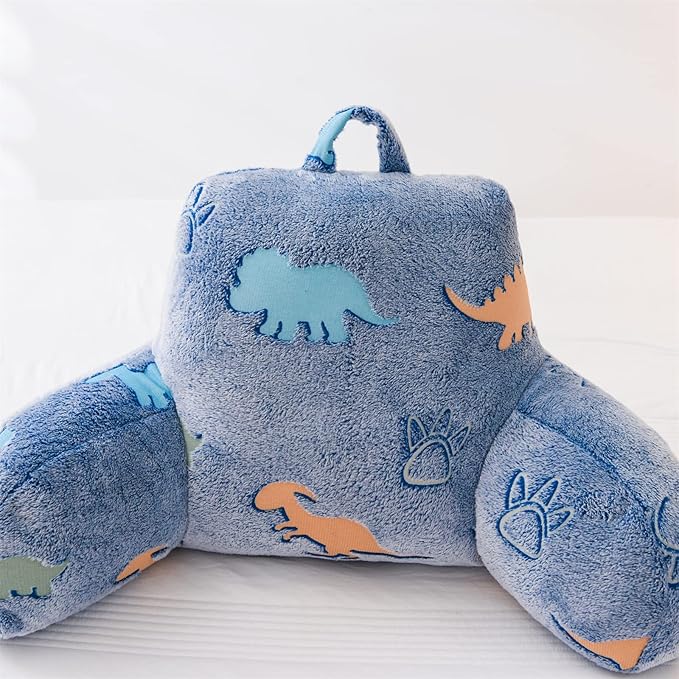 Aimuan Reading Pillow Glow in The Dark Bed Rest Wedge Kids Glow Backrest Pillow Dinosaur Print with Arms Back Support for Sitting Up in Bed Cushion, Orange-Blue