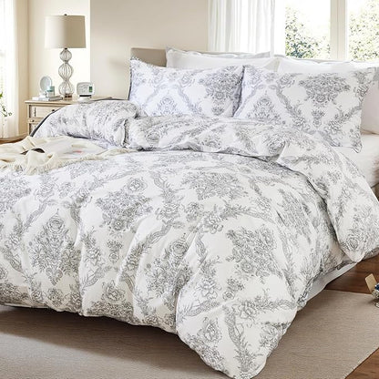 100% Cotton Duvet Cover Set Queen Size – Elegant Damask Print, Soft & Breathable Bedding with Zipper and Corner Ties, 3-Piece Reversible Comforter Cover Set