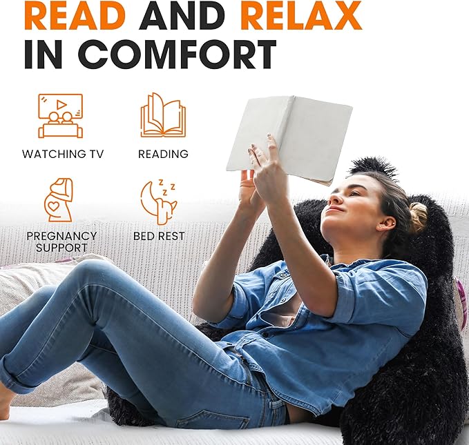 Cheer Collection Fluffy Reading Pillow Chair - Shaggy Hair Chair Pillow with Arms for Bed & Couch, Black