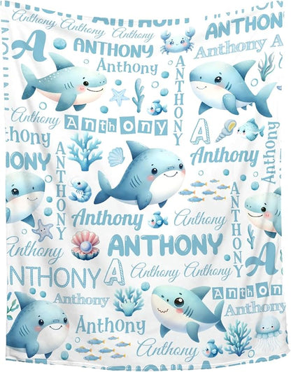 Personalized Baby Blanket with Name - Shark Ocean Custom Swaddle Blanket for Toddlers, Infants, Kids, Newborns - Nursery Stroller Crib Decor Throw Birthday Gift