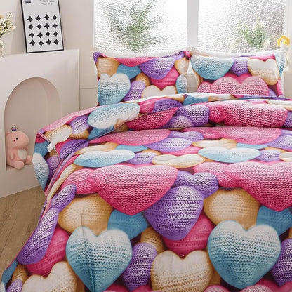 Caressma Heart Print Comforter Set Full Size, Stereoscopic 5D Lovely Teens Romantic Comforter for Girls and Boys, Colorful Cute Heart Pattern Bedding Comforter Set for All Seasons with Pillowshams