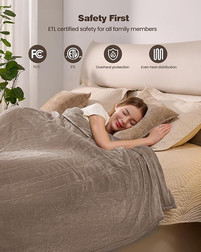 Electric Blanket King- Soft Heating Blanket, Dual Control & 9 Heat Levels, 10H Timer, Soft Flannel to Sherpa, Fast Heating Electric Throw, Machine Washable, Gift for Mom, Dad, 90"x100" Camel