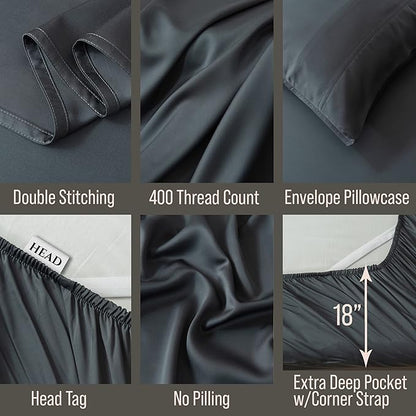 Bella Coterie 6 Piece Luxury Bamboo Viscose Split Top King Size Sheet Set | 34" Split for Adjustable Beds | 100% Organically Grown| Cooling | 18” Deep Pocket | 4 Pillowcases [Charcoal Grey]