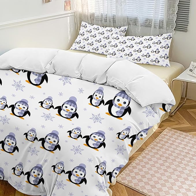 Penguin Bedding Set Cartoon Penguin Animal Theme Comforter Set Covers for Kids Teens Women Penguins Duvet Cover Bedroom Decor Soft King Size Quilt Cover with 2 Pillowcases