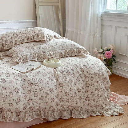 BuLuTu Gauze Cotton Floral Duvet Cover Full, Vintage Floral Pattern Comforter Cover Teens Girls Quilt Cover Full with Ruffles, Ultra Soft Breathable Bedding Set, Pink Poeny Pattern