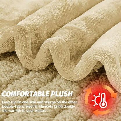greenoak Heated Electric Blanket Throw, Faux Fur Sherpa Heating Blanket for Sofa Bed, Warm Winter Gifts for Mom/Grandma, Heater Lap Blankets 5-Position Timer &10 Heating Levels 50''*60" Beige