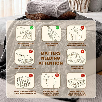 Bearhug Heated Throw Blanket 50" x 60" Electric Throw Warming Blanket Reversible Faux Fur & Sherpa, 6 Heating Levels & 4H Auto Off, Over-Heat Protect, ETL, Washable Heated Blanket Marble Black