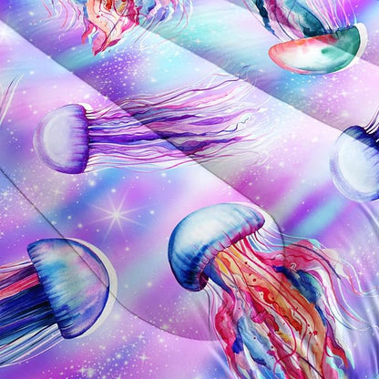 Kawaii Bedding Color Jellyfish Comforter Set King Size,Rainbow Flash Pattern Comforter for Teens Kids Girls Room Decor,Marine Animal Theme Beach Bedding Set with 2 Pillowcases.