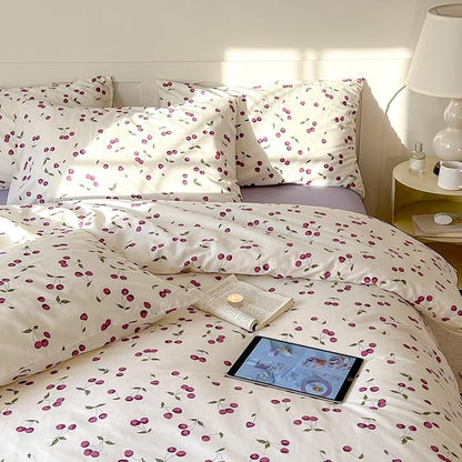 AOJIM Cherry Printed Duvet Cover Set for Kids Adults, Soft 100% Cotton Cute Bedding, Aesthetic Room Decor Comforter Cover with Fruit Motifs, Quilt Cover 3 Pieces (Twin Size), No Comforter
