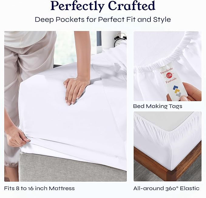 California Design Den 6 Pc Queen Size Sheet Set with 4 Pillowcases - Soft 400 Thread Count 100% Cotton Sheets, Sateen, Deep Pockets with All Around Elastic, Durable Bedding Set - White