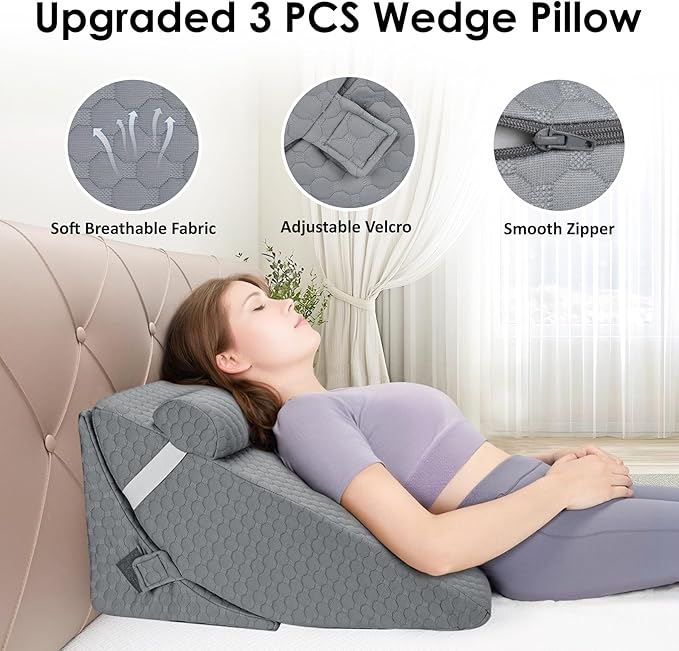 Bed Wedge Pillow for Sleeping, 3PCS Wedge Pillow Set for After Surgery, Adjustable 7 &12 inch Pillow Wedges for Acid Reflux Relief, Back Pain Relief, Sleep Apnea, Sitting Up, Headboard (Grey)