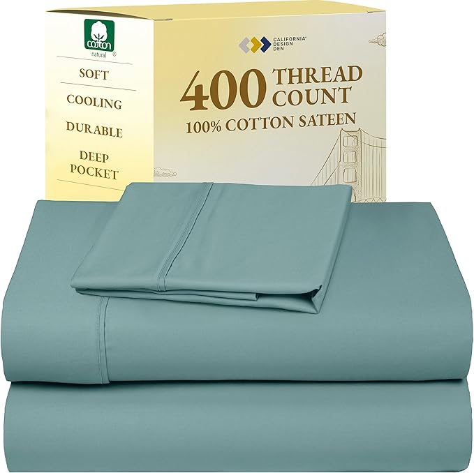 California Design Den Twin XL Sheet Sets - 400 Thread Count Sateen, 100% Cotton Sheets Set, Deep Pockets, and Durable Bedding for Dorm Rooms & Adults - Teal