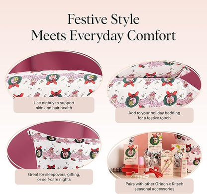 The Grinch x Kitsch Satin Pillowcase with Zipper for Hair & Skin - Softer Than Silk Pillow Cases, Smooth Cooling Pillow Cover, Wrinkle-Free, Machine Washable, Queen/Standard (19x26)- Cindy Lou