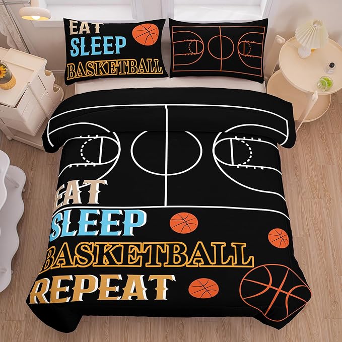 Peopleareok Basketball Boys Comforter Set Queen(90x90 Inch), 3D Printed Black Basketball Comforter, 3 Pieces Sports Comforter Set for Boys Kids Teens with 2 Pillowcases